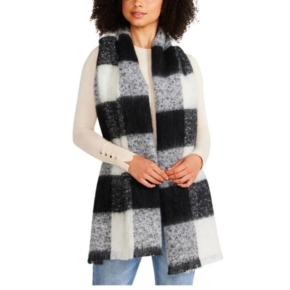 Steve Madden BLACK MULTI Women's Two-Tone Buffalo Check Blanket Scarf,‎ O/S NWT